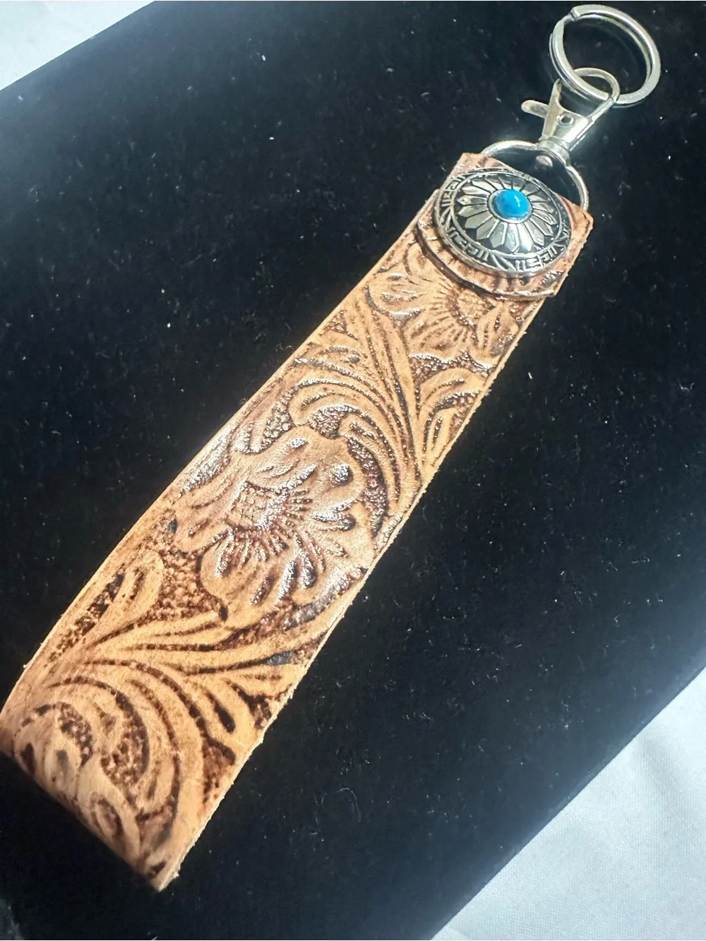 Tooled Leather Key Fob Wristlet with Turquoise Accent - Tan